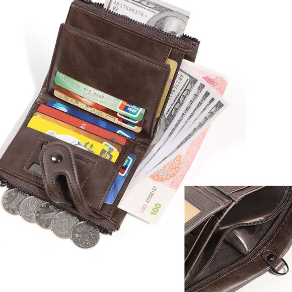 RFID Blocking Men’s Leather Bifold ID Cards Holder Chain Wallet w/ Zip Pockets - Picture 2 of 4